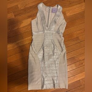 Herve Leger Silver Ruched Long Sleeve Bodycon Dress